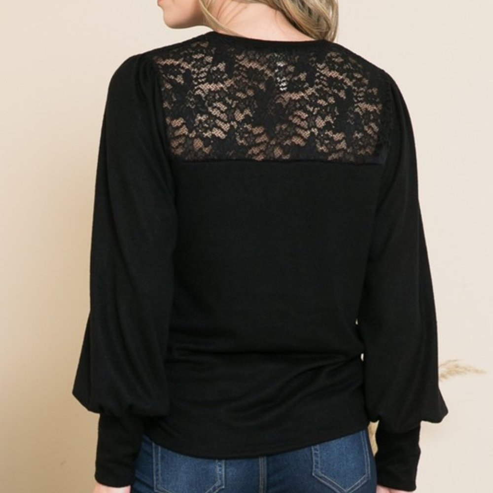 Black Lace Yoke Knit Top with Puff Sleeves